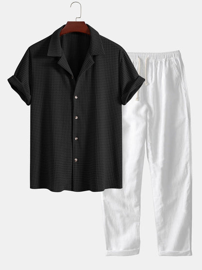 Short Sleeve Waffle Cuban Shirt & Straight Leg Linen Pants