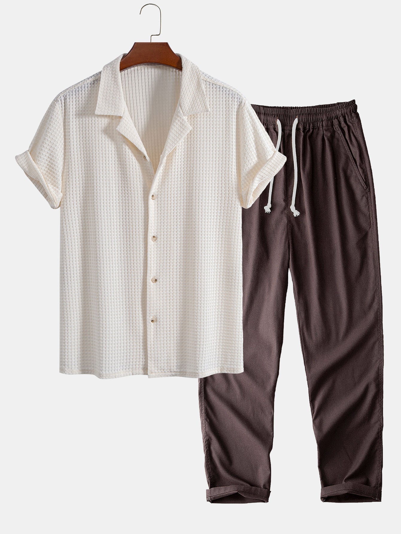 Short Sleeve Waffle Cuban Shirt & Straight Leg Linen Pants