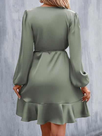 Women's Dress Long Sleeve Lantern Sleeve Ruffle Trim Wrap Knot Side Satin Dress