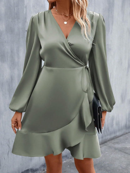 Women's Dress Long Sleeve Lantern Sleeve Ruffle Trim Wrap Knot Side Satin Dress