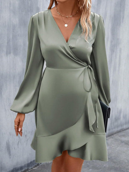 Women's Dress Long Sleeve Lantern Sleeve Ruffle Trim Wrap Knot Side Satin Dress