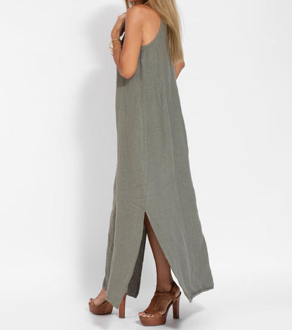 Elegant Solid Color Cotton Linen Sleeveless Long Dress
