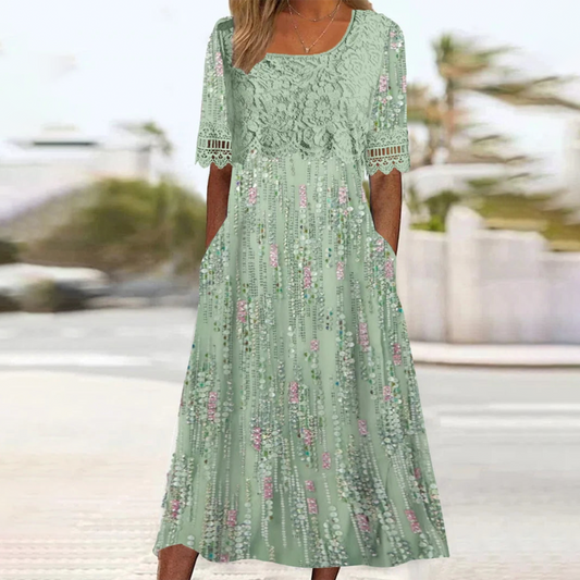 Green Side Pocket Short Sleeve Midi Dress