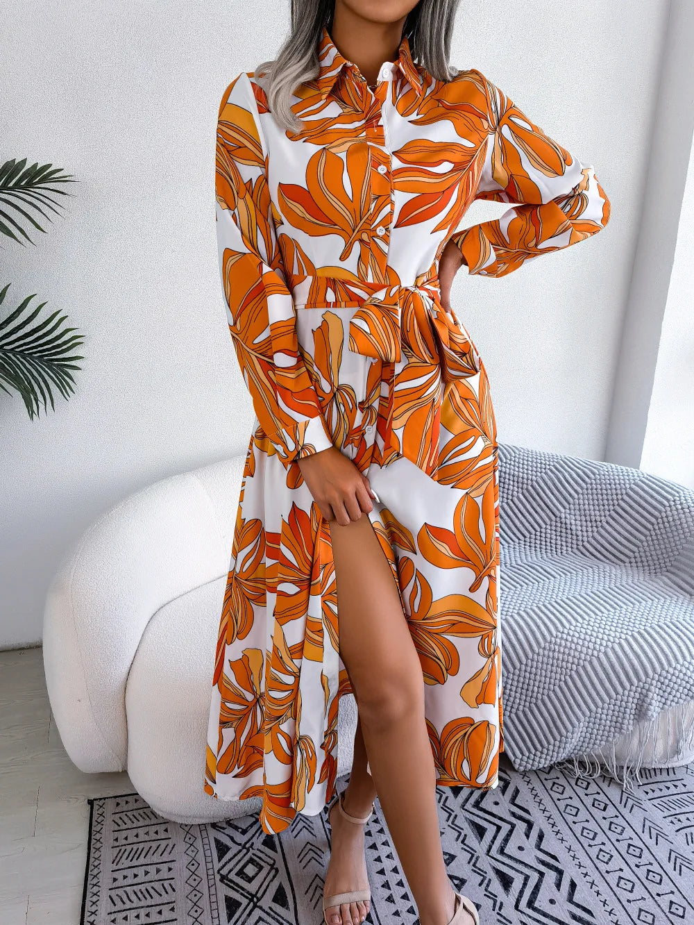 Spring Summer Ladies Contrast Floral Polo Collar Lace Up Shirt Dress Women Single Breasted Long Dress