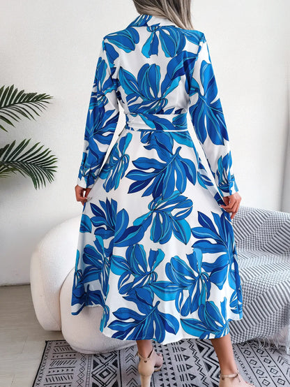 Spring Summer Ladies Contrast Floral Polo Collar Lace Up Shirt Dress Women Single Breasted Long Dress