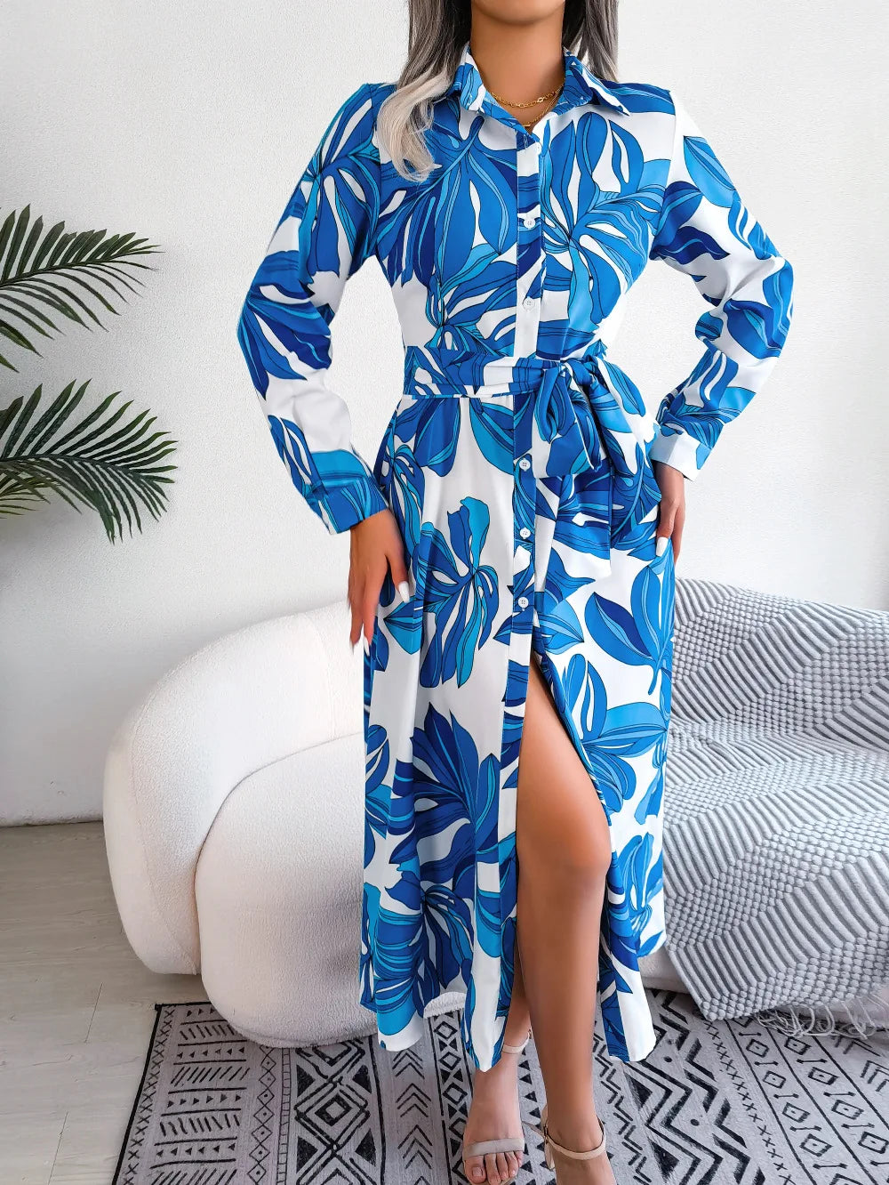 Spring Summer Ladies Contrast Floral Polo Collar Lace Up Shirt Dress Women Single Breasted Long Dress