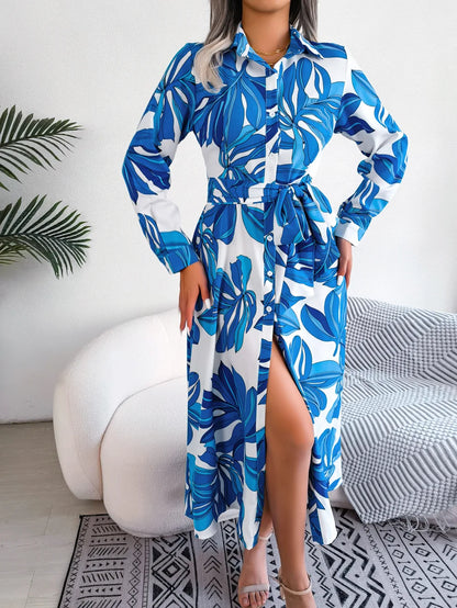 Spring Summer Ladies Contrast Floral Polo Collar Lace Up Shirt Dress Women Single Breasted Long Dress