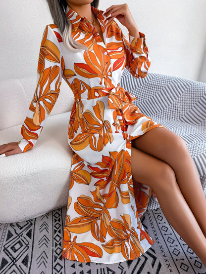 Spring Summer Ladies Contrast Floral Polo Collar Lace Up Shirt Dress Women Single Breasted Long Dress
