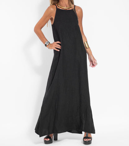 Elegant Solid Color Cotton Linen Sleeveless Long Dress