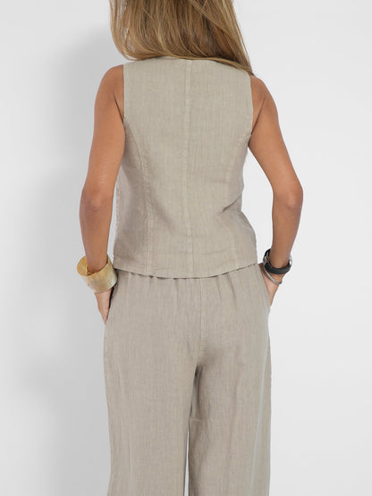 Women Casual Cotton Linen Waistcoat Two Set Suits