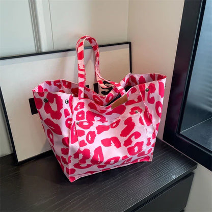 Oversized Canvas Schoudertas met Luipaardprint - Lila