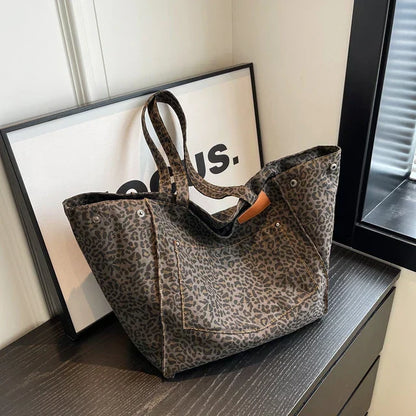Oversized Canvas Schoudertas met Luipaardprint - Lila